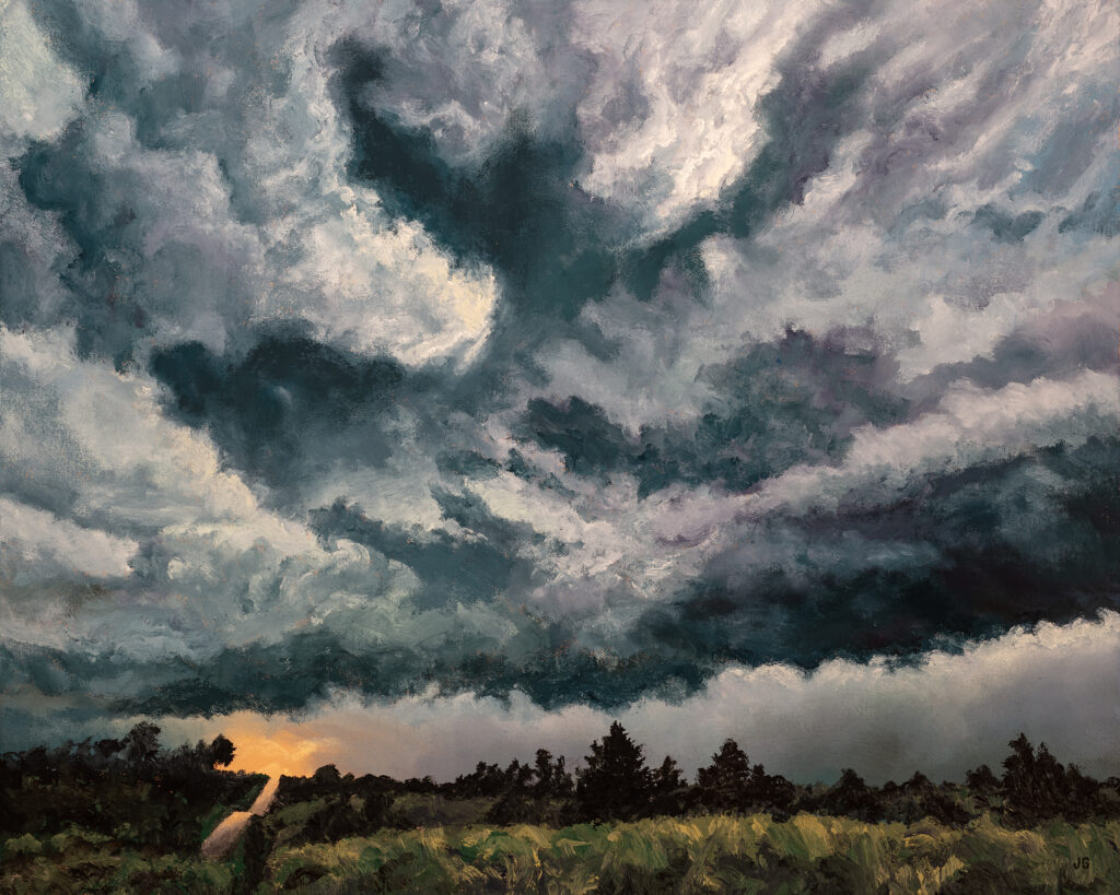 Storm Clouds and Cedars, original oil painting by Jonathan Goodding