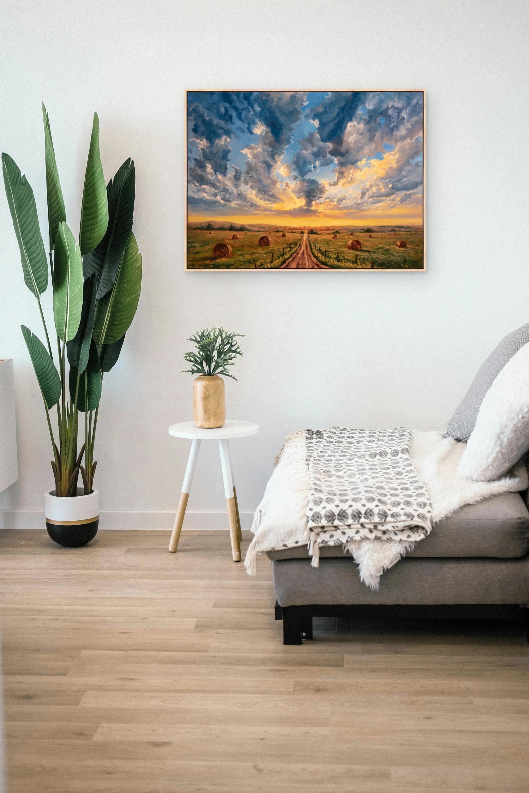 Sandhills Hayfields and Sunlight, original oil painting in a maple floater frame by Jonathan Goodding